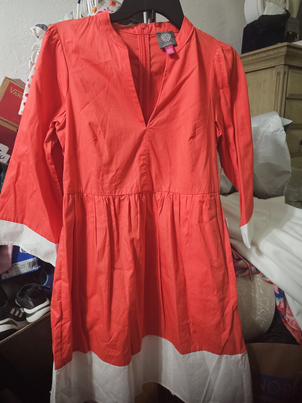 Vince Camuto Red and White Colorblock Long Sleeve Dress